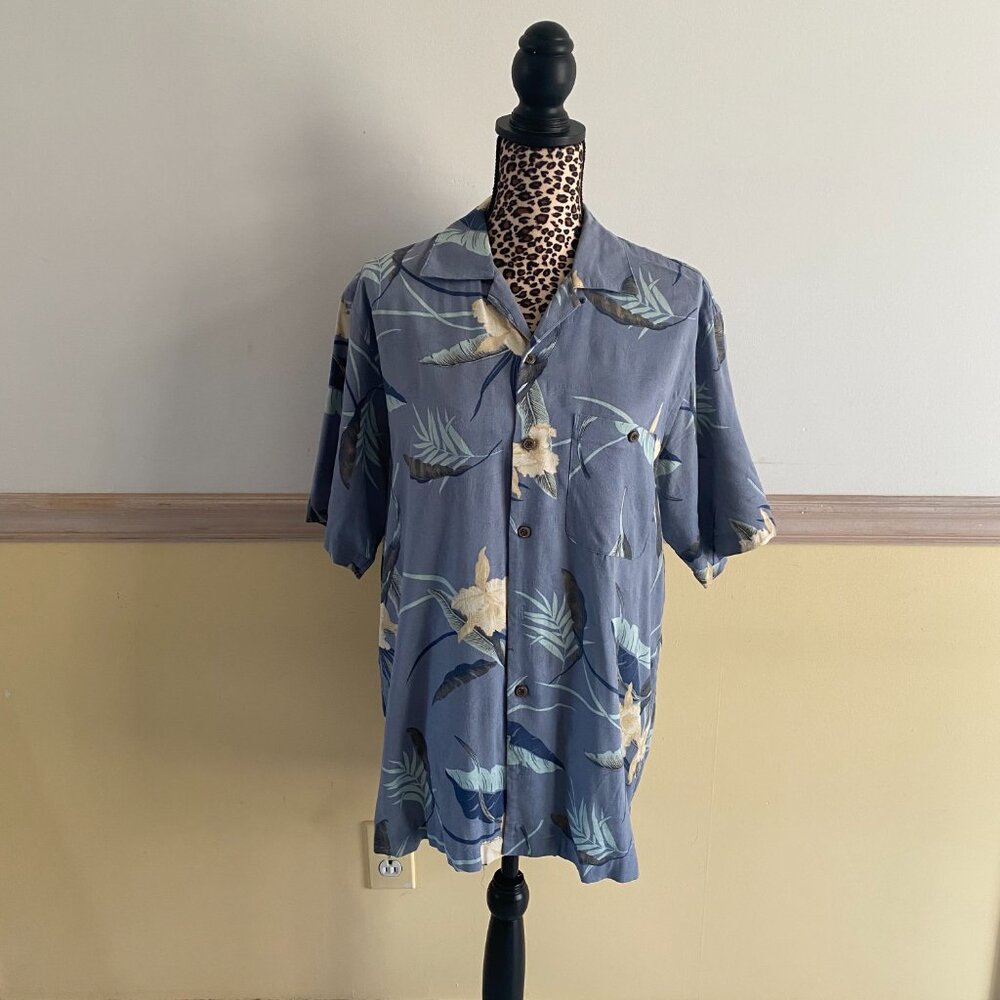 Geoffrey Beene Men's Gray-Blue Tan Silk Blend Floral Hawaiian Shirt Size M